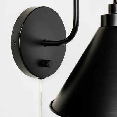  Curved Neck Wall Sconce With Metal Shade Black - Threshold™ Designed With Studio McGee: Modern Plug-In, ETL Listed, Cone-Shape