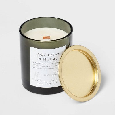  Clear Colored Glass With Woodwick And Brass Metal Inset Lid Dried Leaves + Hickory Candle Green - Threshold™