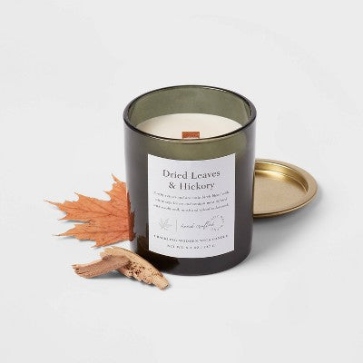  Clear Colored Glass With Woodwick And Brass Metal Inset Lid Dried Leaves + Hickory Candle Green - Threshold™