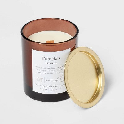  Clear Colored Glass With Woodwick And Brass Metal Inset Lid Pumpkin Spice - Threshold™