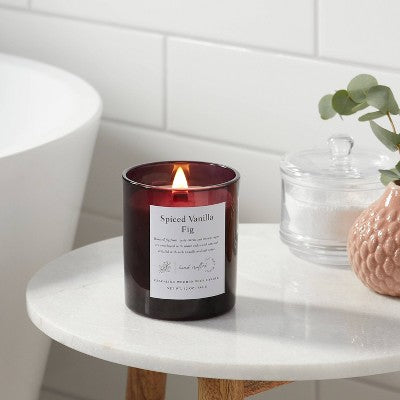  Clear Colored Glass With Woodwick And Brass Metal Inset Lid Spice Vanilla Fig Candle Purple - Threshold™