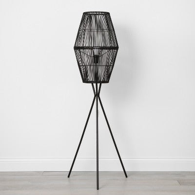  Diamond Tripod Floor Lamp Black With Rattan Shade (Includes LED Light Bulb) - Threshold™: Nautical Standing Illumination