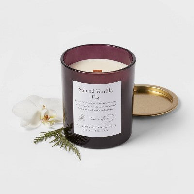  Clear Colored Glass With Woodwick And Brass Metal Inset Lid Spice Vanilla Fig Candle Purple - Threshold™