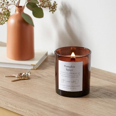  Clear Colored Glass With Woodwick And Brass Metal Inset Lid Pumpkin Spice - Threshold™