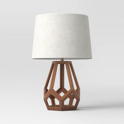  Large Wood Geo Assembled Table Lamp Brown - Threshold™: No Assembly, UL Listed, Cotton Shade