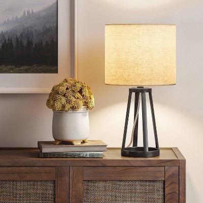  Medium Modern Industrial Assembled Table Lamp Black - Threshold™: UL Listed, Cotton-Linen Shade, Metal Body, No Bulb Included
