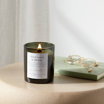  Clear Colored Glass With Woodwick And Brass Metal Inset Lid Dried Leaves + Hickory Candle Green - Threshold™