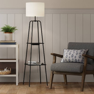  20" Etagere Power Source Shelf Floor Lamp Black Metal/Wood - Threshold™: USB Port, Modern Design