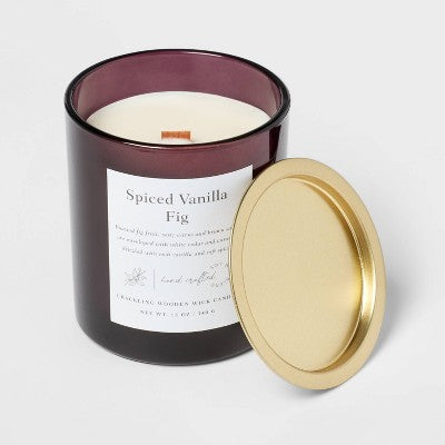  Clear Colored Glass With Woodwick And Brass Metal Inset Lid Spice Vanilla Fig Candle Purple - Threshold™