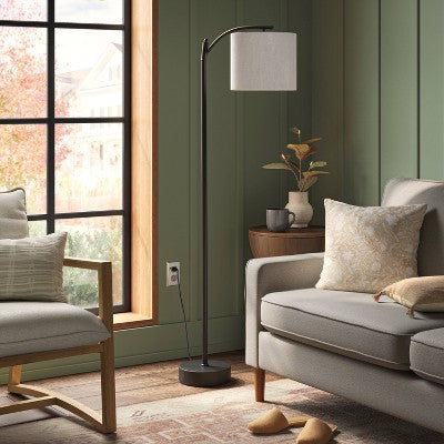  Downbridge Floor Lamp With Shade Black/Tan - Threshold™: Ambient Light, Metal Base, Linen Drum