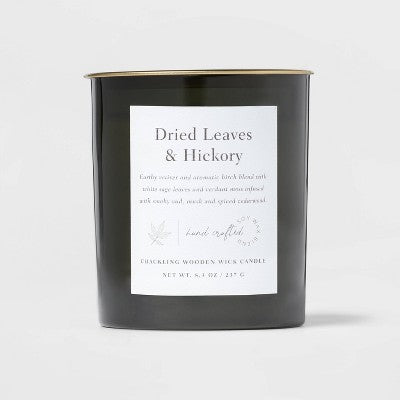  Clear Colored Glass With Woodwick And Brass Metal Inset Lid Dried Leaves + Hickory Candle Green - Threshold™