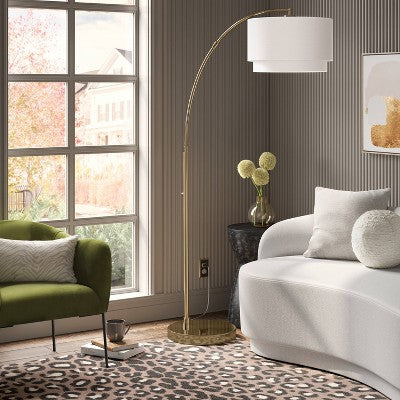  68"x41" Knurled Metal Arc Floor Lamp With Tiered Shade Brass - Threshold™: Curved Standing Illumination For Living Room