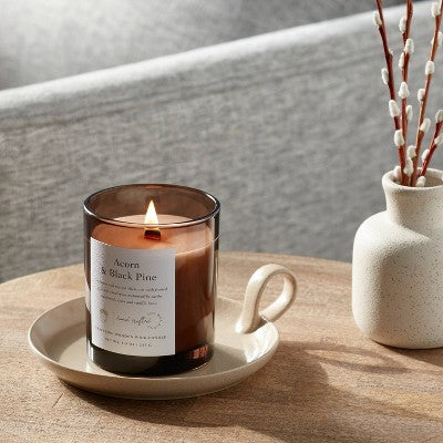  Clear Colored Glass With Woodwick And Brass Metal Inset Lid Acorn + Black Pine Candle Brown - Threshold™