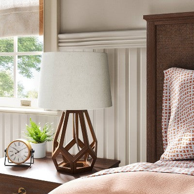  Large Wood Geo Assembled Table Lamp Brown - Threshold™: No Assembly, UL Listed, Cotton Shade