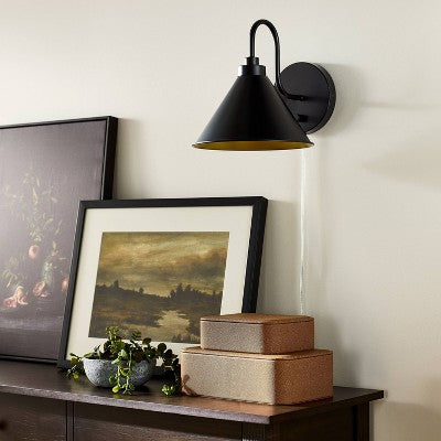  Curved Neck Wall Sconce With Metal Shade Black - Threshold™ Designed With Studio McGee: Modern Plug-In, ETL Listed, Cone-Shape