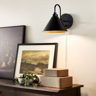  Curved Neck Wall Sconce With Metal Shade Black - Threshold™ Designed With Studio McGee: Modern Plug-In, ETL Listed, Cone-Shape